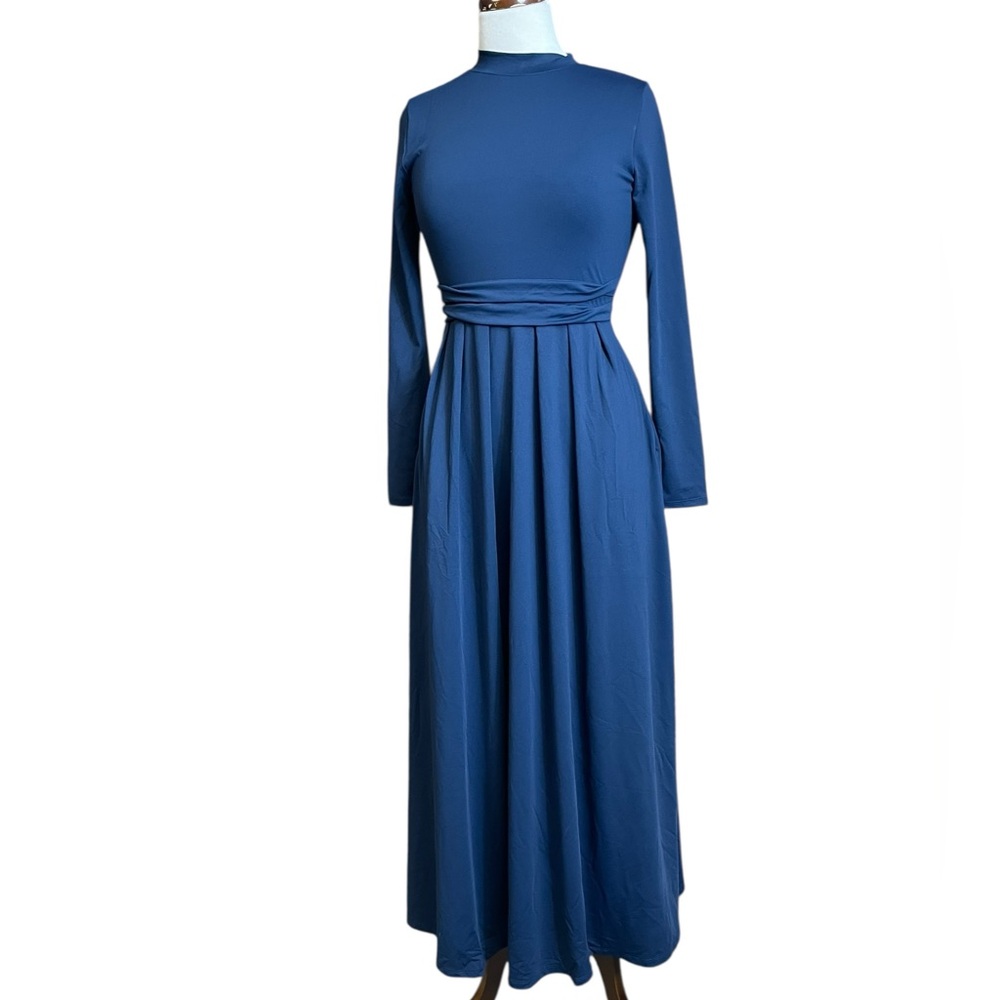 HALARA High-Neck Long Sleeve Maxi Dress in Deep Blue